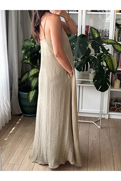 Store Haki Askılı V Yaka Gizli Cepli Uzun Maxi Elbise