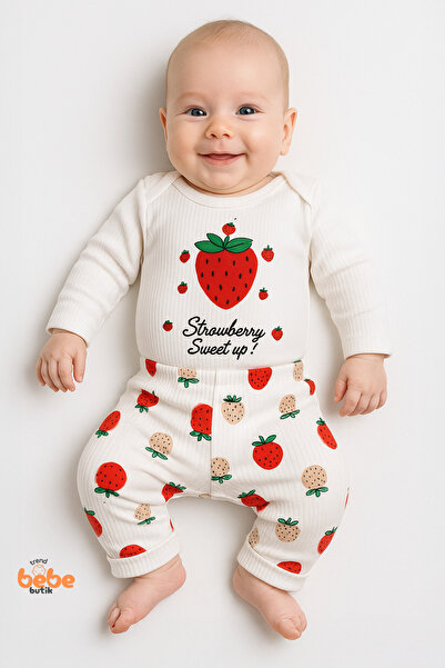 Trend Bebe Butik طقم أطفال مكون من قطعتين من قماش ريبرانا بنمط الفراولة، بودي...