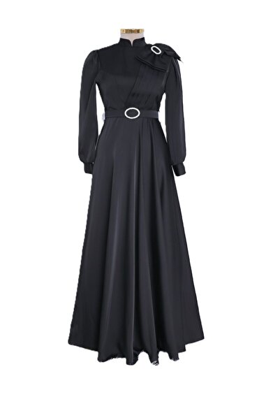 NAYBER FASHİON KADIN ŞIK TASARIM FİYONKLU TAŞLI KEMERLİ BROŞ DETAYLI SATEN ELBİSE