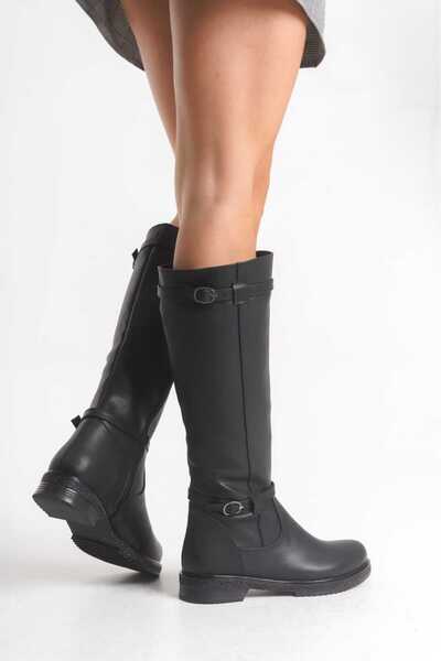 DYG STORE Black Double Buckle Stylish Women's Boots 124409