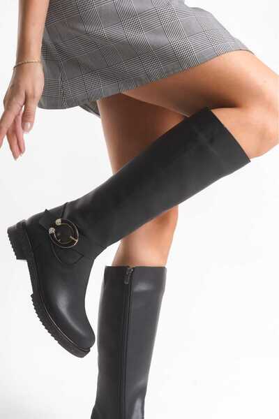 DYG STORE Black Moon Buckle Stylish Women's Boots 199307