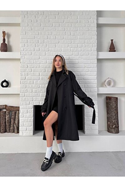 Bella Breeze Kadın Çift Düğmeli Şık ve Klasik Model Kemerli Uzun Trençkot