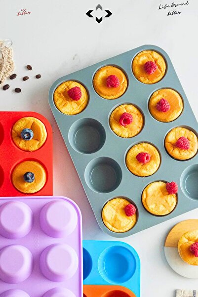 LİGROUND Silicone Muffin and Cupcake Mold 12-Piece Fireproof Non-Stick Flexible and Durable Oven Mold Tray