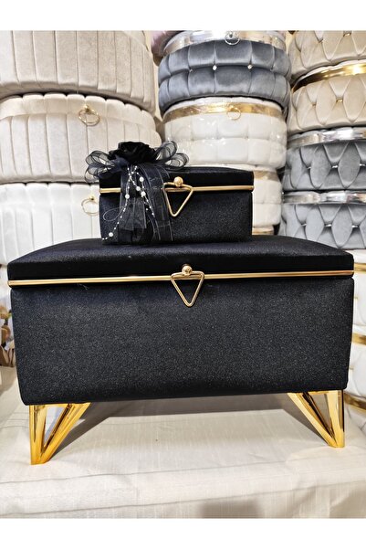 çeyiz sandık atölyesi 2li Deri Şeritli Siyah Çeyiz Sandığı Bohça Kutusu
