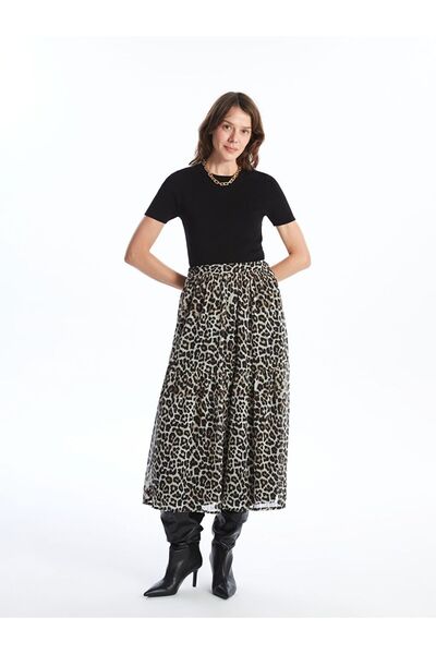 LC Waikiki Leopard Print Women's Skirt with Elastic Waist