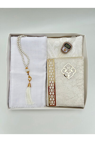 lenagiftworkshop White Dowry Set 5 Pieces Bride Groom Bundle Set Prayer Rug Prayer Mat Prayer Beads Yasin Zikirmatik