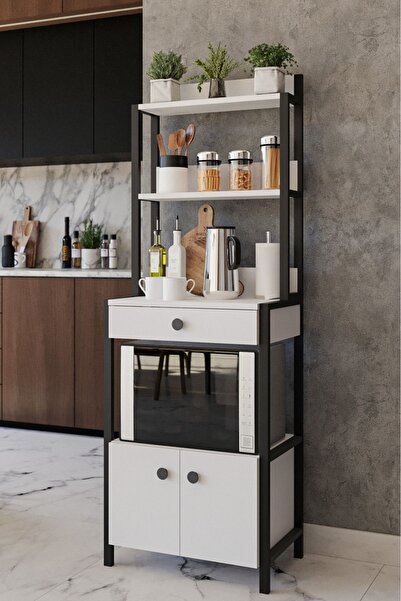 Genel Markalar Beyaz Çekmeceli 2 Kapaklı Çok Amaçlı Dolap Mutfak Bangosu Mikr...