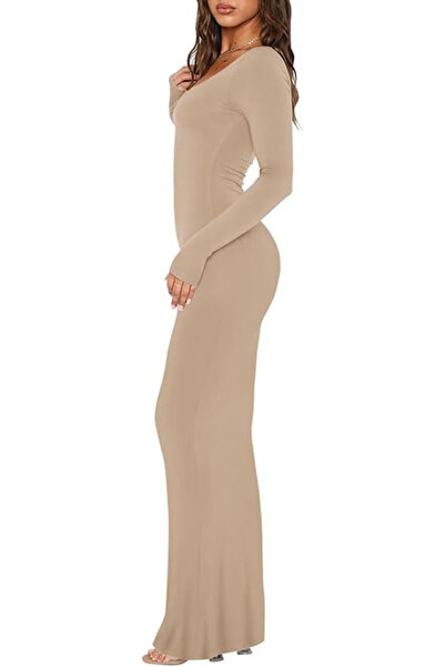 OEM Elastic, fitted, long dress, with long sleeves, beige, L