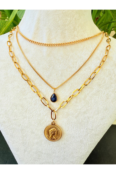 ATLASAKSESUARR Üç Zincir Mavi Taşlı Elizabeth Gold Altın Kaplama Kolye