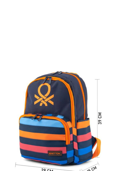 Benetton Boy's Kindergarten Bag - Striped, Iconic Logo Printed, Navy Blue - Baggy Mood