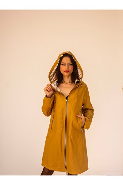 CAVRO LEATHER Kadın Hakiki Deri Kapüşonlu Çift Taraflı Trenç Ceket – Hardal & Desenli (Reversible)