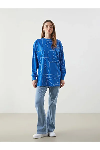 LC Waikiki Lcwaikiki Classic Blue Crew Neck Patterned Oversize Women's Sweatshirt Tunic