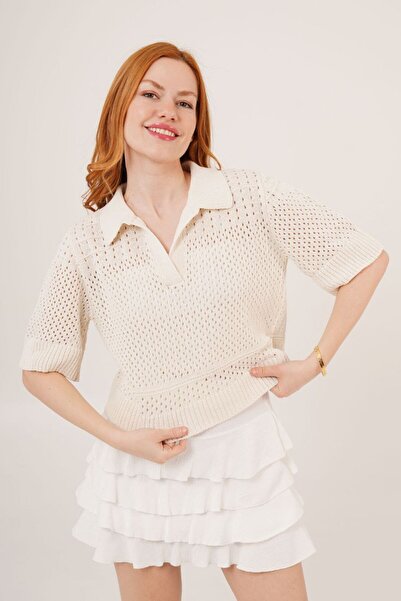 deslorsque Beyaz Triko Örme Polo Yaka Kısa Kollu Kısa Ajurlu T-Shirt