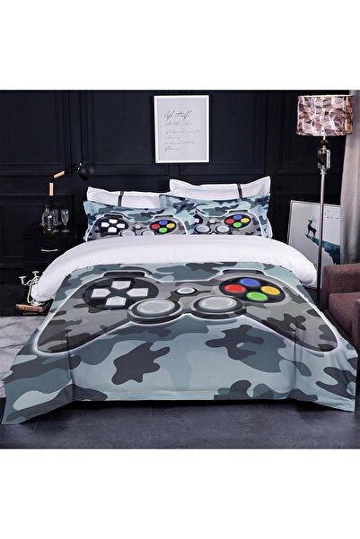 OEM Lenjerie de pat pilota 200x200 cm, 2 fete de perna 80x80 cm gammer controller print Gri