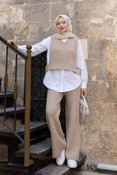 Hazamoda مجموعة فينوس الثلاثية من الملابس المحبوكة باللون الكريمي