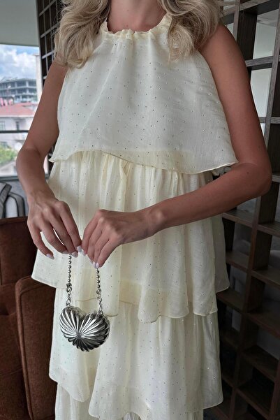 Laluvia Sarı Boyundan Bağlı Taşlı Elbise