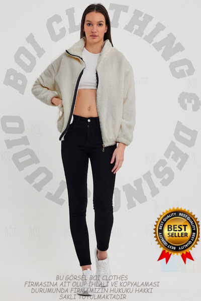 Boi New Season Women's Premium Teddy Plush Zippered Sports Jacket with Piping Detail - Plush Cardigan Suitable for Winter