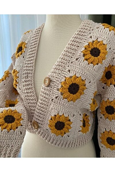 Melonndesign Ayçiçek desenli tığ işi kadın hırkası