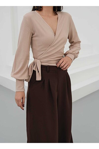 VINTIQUE 13985-Çapraz Bağlamalı Kruvaze Yaka Uzun Kollu Bluz