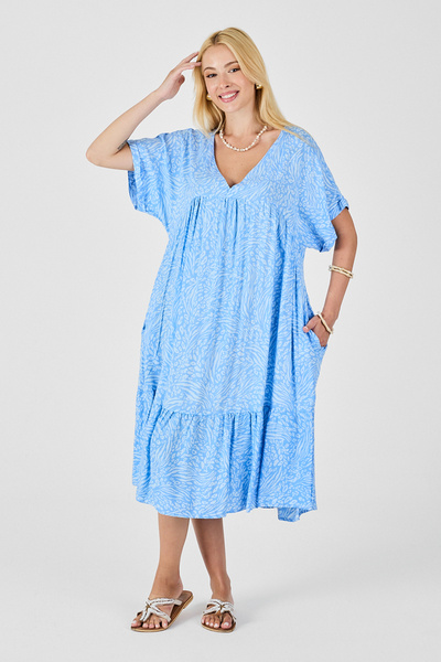 bacc Rochie de damă albastru-gheață, cu decolteu în V, croială supradimensionat , model, buzunare duble și volane, BCVL-254028