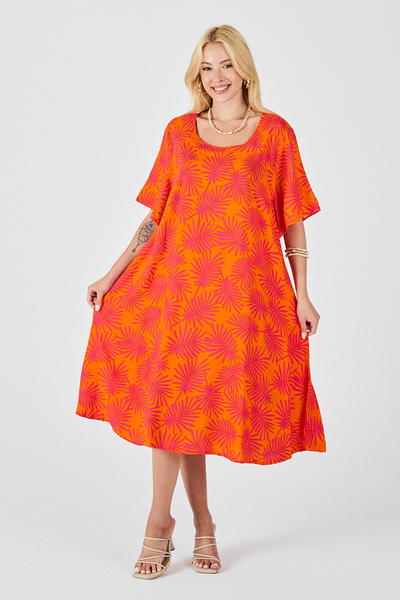 bacc Orange Wide Neckline Patterned Midi Length Dress Bcvl-254009