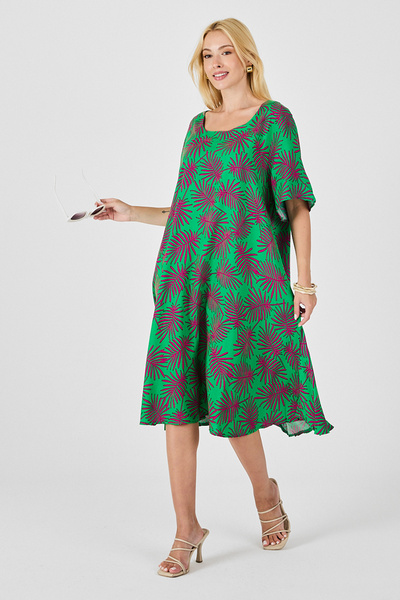 bacc Green Wide Collar Patterned Midi Length Dress Bcvl-254009