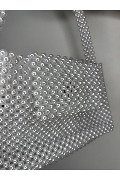 BONİTA Large White Pearl Beaded Women's Hand and Shoulder Bag