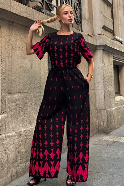 bacc Fuchsia Crew Neck Patterned Blouse and Pants Set Bcvl-254002