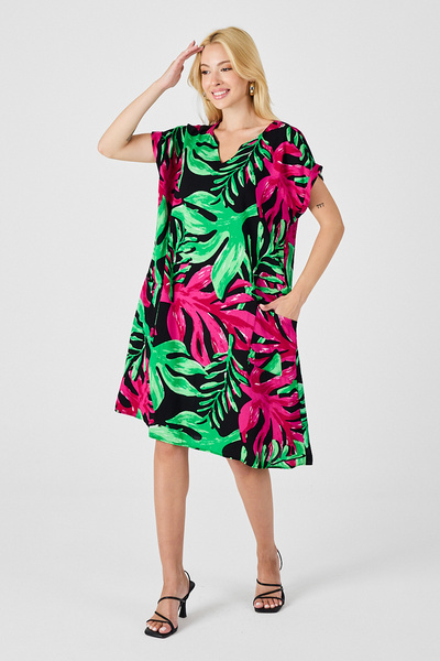 bacc Green-Fuchsia Tropical Print V-Neck Relaxed Fit Dress Bcvl-254020