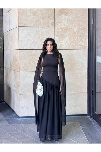 Miss Beyoğlu Kadın Kolları Pelerinli Şifon Uzun Abiye Elbise – Şık ve Zarif Davet Modeli