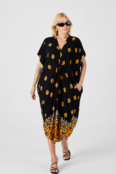 bacc Yellow Patterned V-Neck Loose Cut Kaftan Dress Bcvl-254024