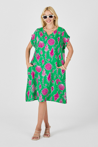 bacc Green Seashell Patterned V-Neck Oversize Dress Bcvl-254022