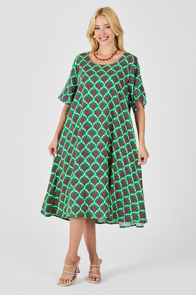 bacc Green U-Neck Short Sleeve Midi Length Patterned Dress Bcvl-254010