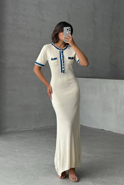 URİS Rochie de damă ecru elegantă din denim cu mâneci scurte cu nasturi