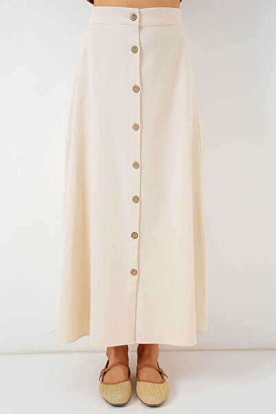 Bigdart Düğmeli Keten Uzun Krem Kadın Etek 8046