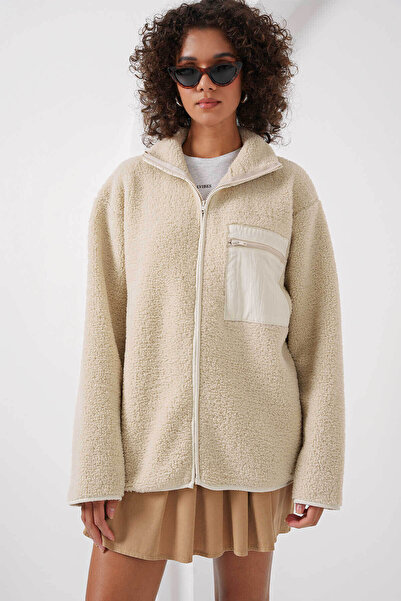 Bigdart Fermuarlı Oversize Peluş Krem Kadın Ceket 55446