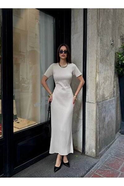 URİS Γυναικείο Μπεζ Κοντομάνικο Καλοκαιρινό Ύφασμα Μακρύ Πλεκτό Φόρεμα s/m