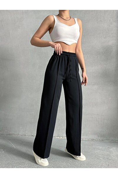 URİS Pantaloni palazzo negri eleganti de calitate premium cu dungi nervurate