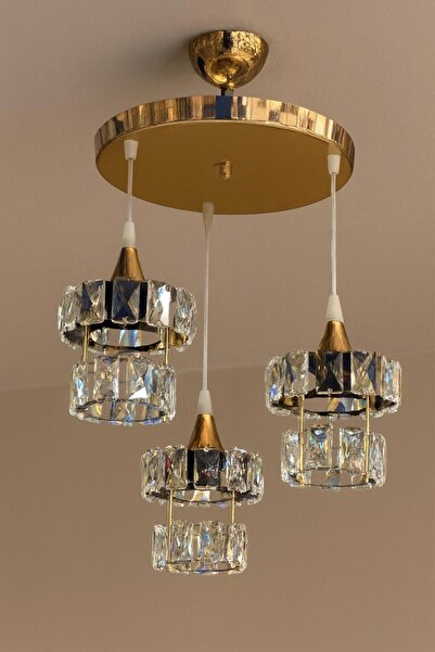 Avize Kristal 3 Lü Yuvarlak Gold Modern Sarkıt Mutfak Oturma Odası Salon Sark...
