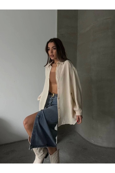 URİS Women's Beige Muslin Fabric Premium Shirt