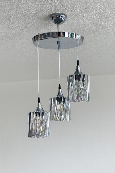 Avize Kristal 3 Lü Yuvarlak Gümüş Modern Sarkıt Mutfak Oturma Odası Salon Sar...