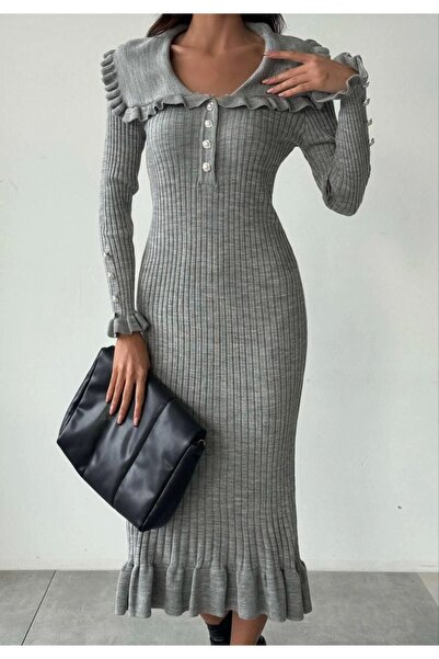 URİS Rochie lungă și elegantă din tricot pentru femei, gri, cu detaliu cu nas...