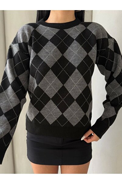 URİS سترة نسائية سوداء منقوشة بالألماس ورقبة دائرية وأكمام طويلة