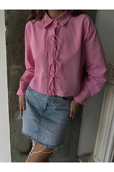 URİS Women's Pink Stylish Lace Detailed Crop Woven Shirt