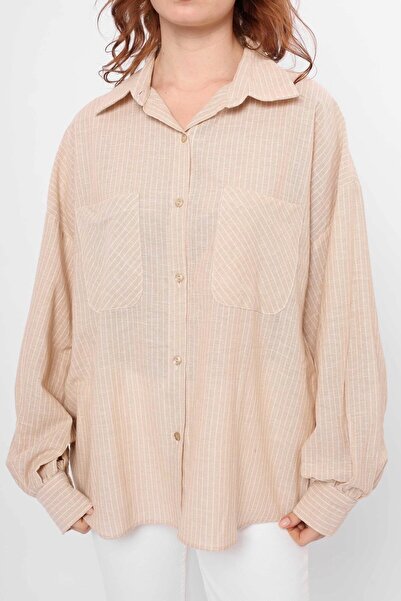 URİS Women's Premium Quality Striped Oversize Balloon Sleeve Shirt - Beige