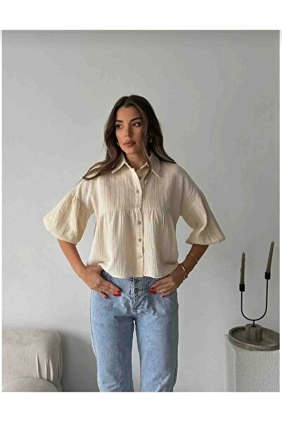 URİS Жіноча бежева коротка балонна муслінова тканина Преміум сорочка