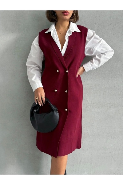 URİS Cardigan lung din tricot premium cu nasturi pentru femei - Burgundy