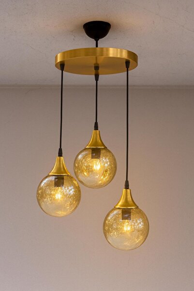Avize Kristal 3 Lü Yuvarlak Gold Modern Sarkıt Mutfak Oturma Odası Salon Sark...