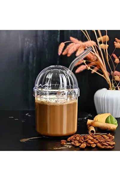BALCI HEDİYELİK Dome-Shaped Lid Cold Coffee Glass with Straw, Mica Glass, Translucent Soft Drink Glass