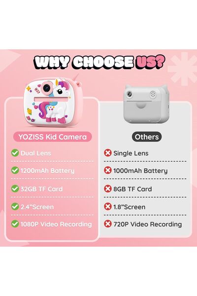 Fillikutum Sevimli Unicorn ve Dinozor Seçenekli Çocuk Kamerası – Anında Baskı Mini Fotoğraf Makinesi Kabartmalı